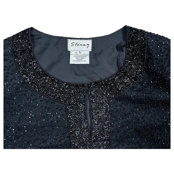 Stenay Black Beaded Formal Short Sleeve Silk Jacket Blouse Size Large - Picture 2 of 8